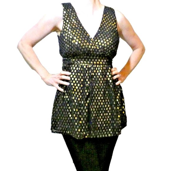 Source Unknown Tops - Black Silk Blouse Chiffon Layers Gold Polka dots Party Valentine Day Size M
